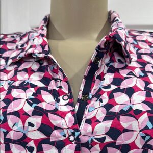 Pink and White 3/4 Sleeve Button Down Shirt with Notched Collar